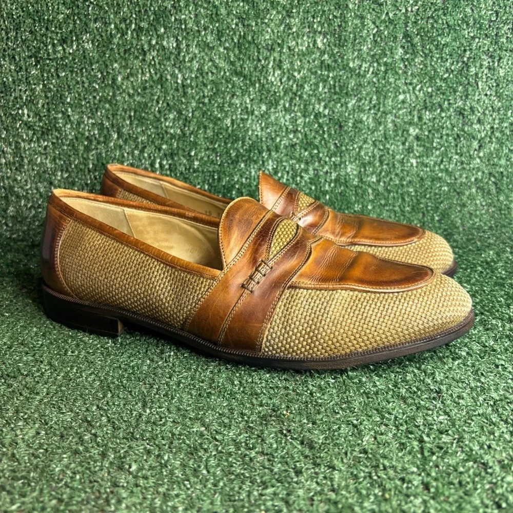 Johnston & Murphy‎ Cellini Woven Leather Penny Loafers Dress Shoes Tan Mens 11.5